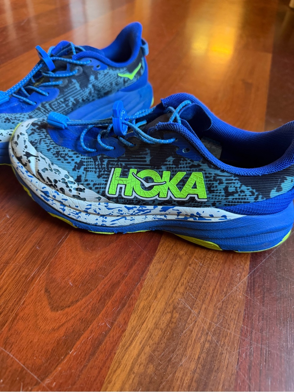 HOKA Kids Blue & Lime Speedgoat athletic Shoes - Picture 2 of 7